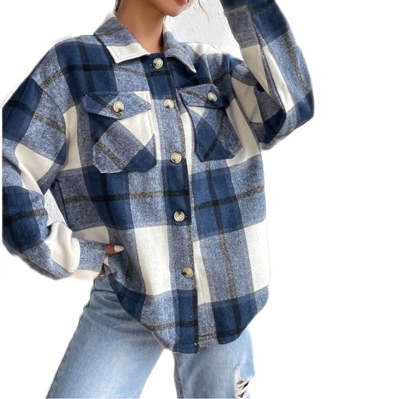 Oversized Blue Plaid Flannel Button-Up Shirt Jacket - Picture 3 of 5